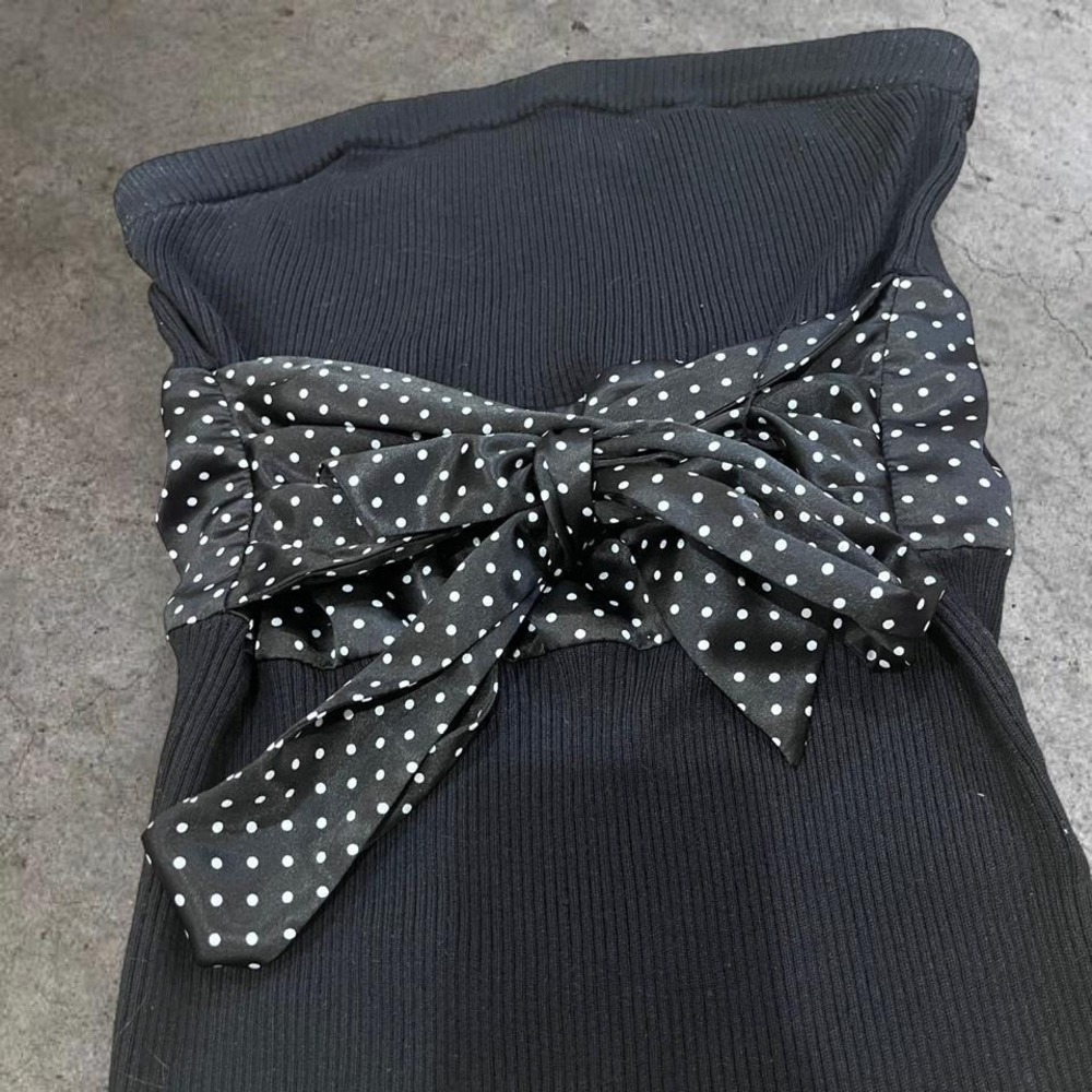 y2k black ribbed polka dot tie tube top large - Picture 2 of 7